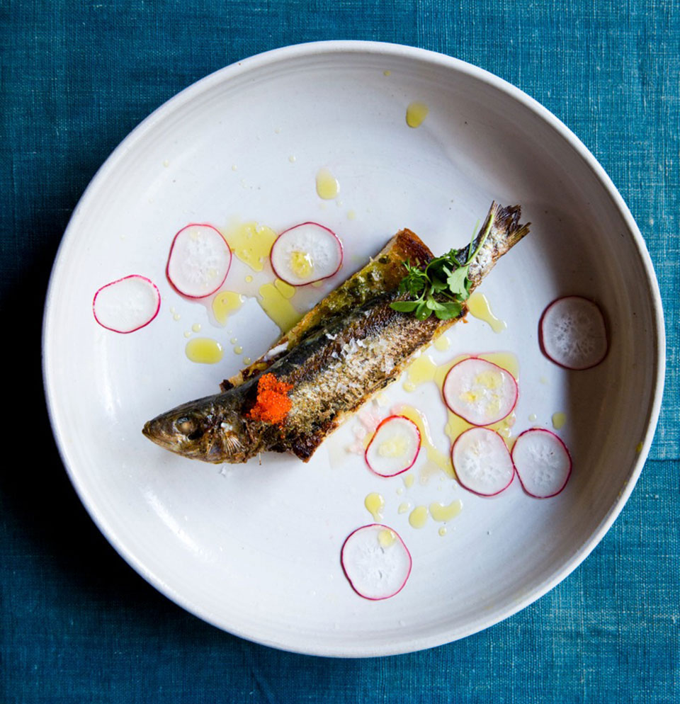 Fresh sardines on toast with spiced butter, salsa verde & agave at NYC Restaurant Find: Navy NYC | meltingbutter.com